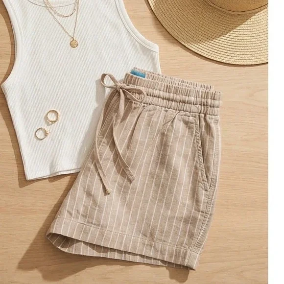 Old Navy L Womens Tan White Striped Linen Blend Pull On Shorts Mid Rise NWT - Picture 4 of 11